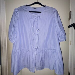 PrettyGarden Blues& White Striped Bow Front Top | Size XXL